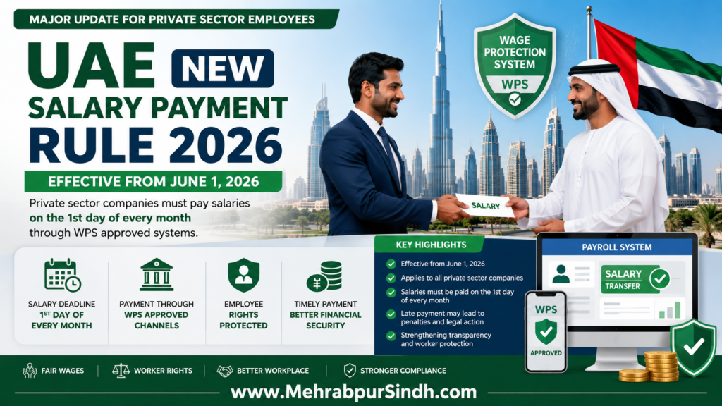 UAE New Salary Payment Rule 2026 infographic showing WPS salary system, Dubai skyline, worker salary transfer, payroll compliance update, and employee rights protection